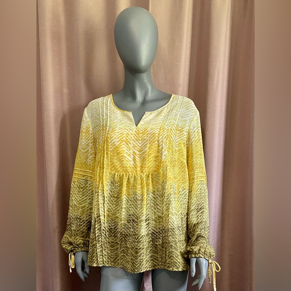Coldwater Creek Yellow Green XL Blouse Relaxed Flowy Boho Lightweight GUC
